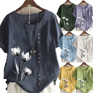 Women's Casual Linen Round Neck Blouse