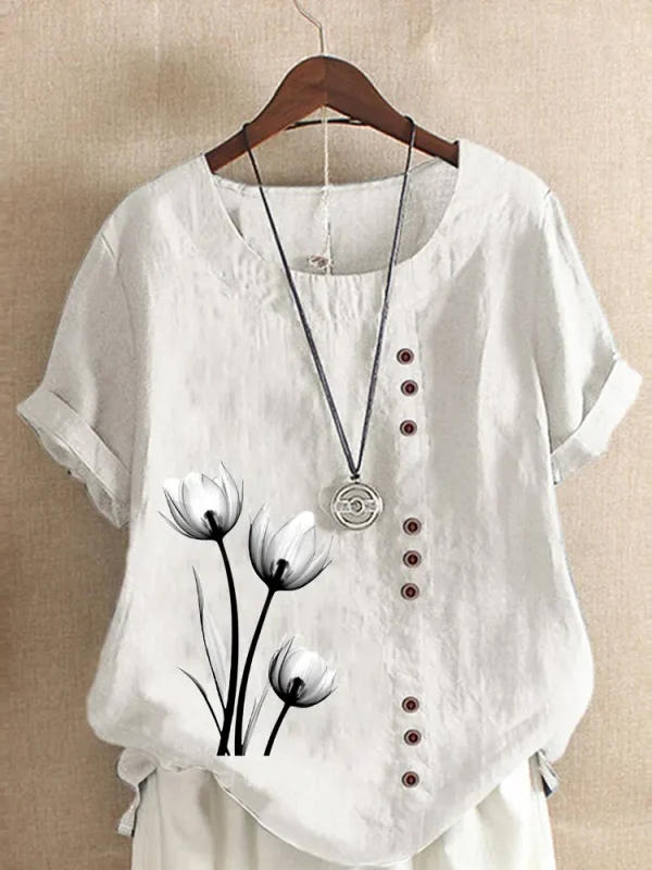 Women's Casual Linen Round Neck Blouse - Image 4