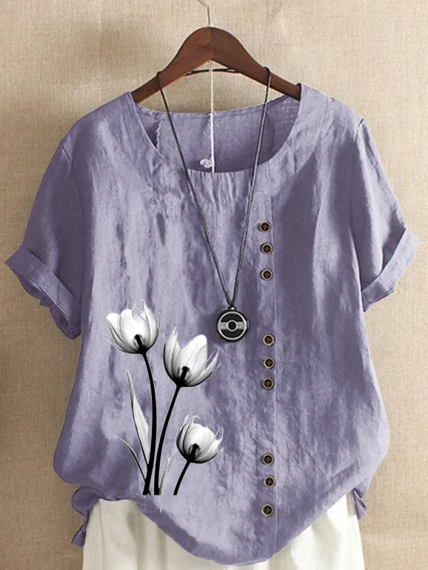 Women's Casual Linen Round Neck Blouse - Image 3