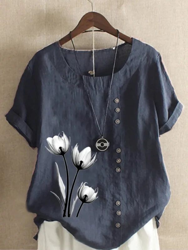 Women's Casual Linen Round Neck Blouse - Image 2