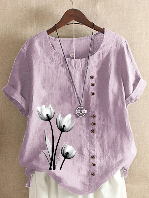 Women's Casual Linen Round Neck Blouse - Image 12