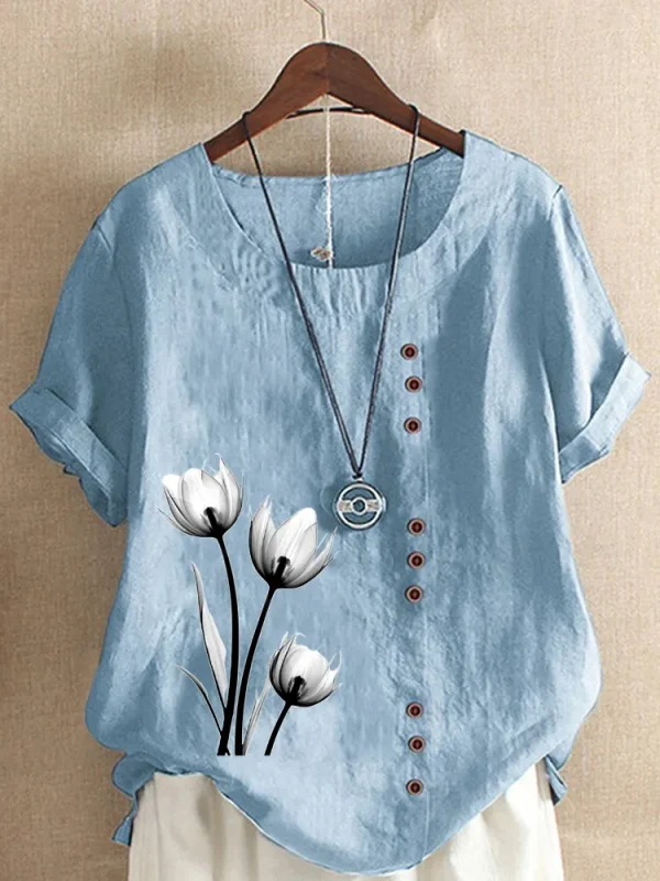 Women's Casual Linen Round Neck Blouse - Image 10