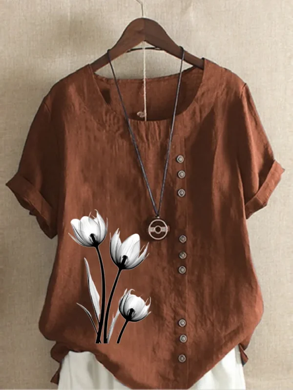 Women's Casual Linen Round Neck Blouse - Image 9