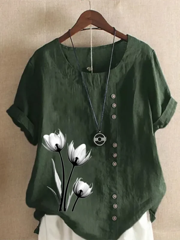 Women's Casual Linen Round Neck Blouse - Image 8