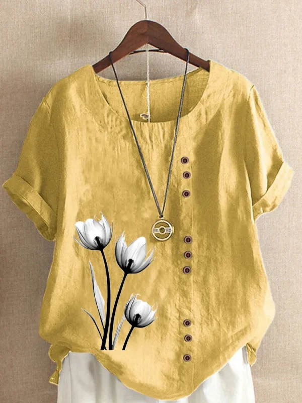 Women's Casual Linen Round Neck Blouse - Image 7