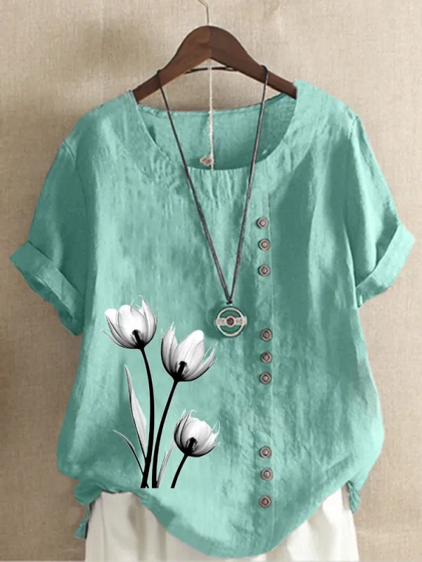Women's Casual Linen Round Neck Blouse - Image 6