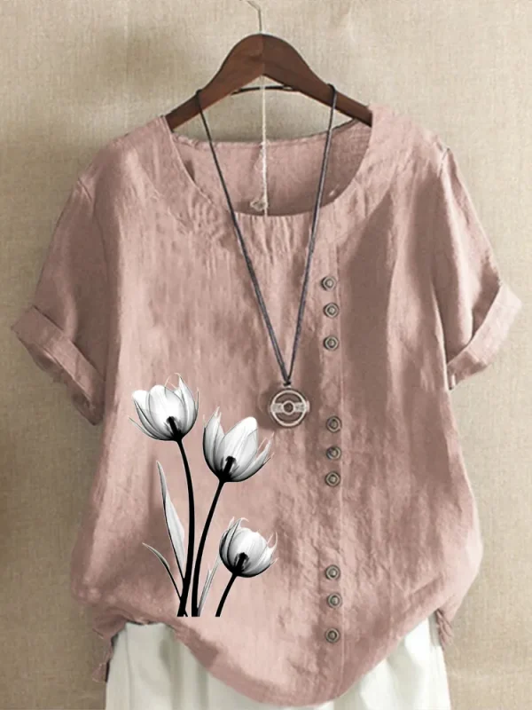Women's Casual Linen Round Neck Blouse - Image 5